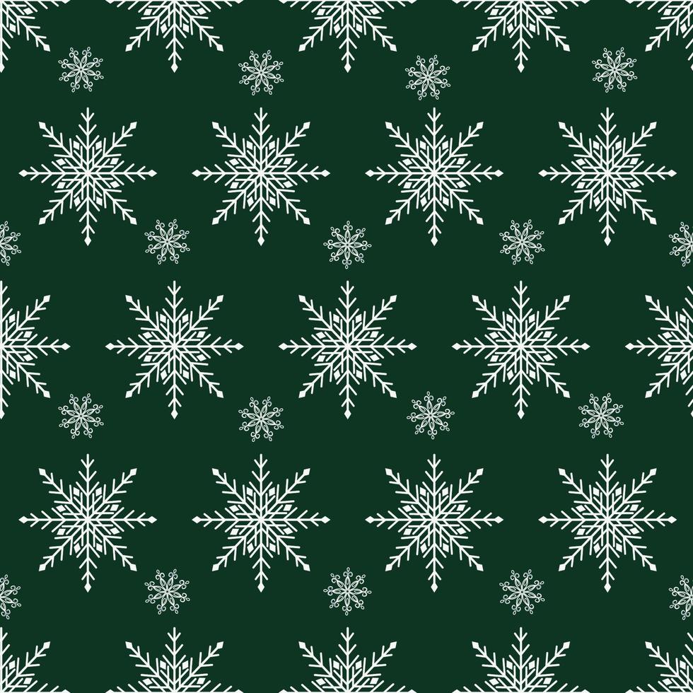 Vector pattern with snowflakes on a green background. Seamless pattern for New Year and Christmas. Suitable for background and wrapping paper, fabric in winter version. Vintage decorative elements.