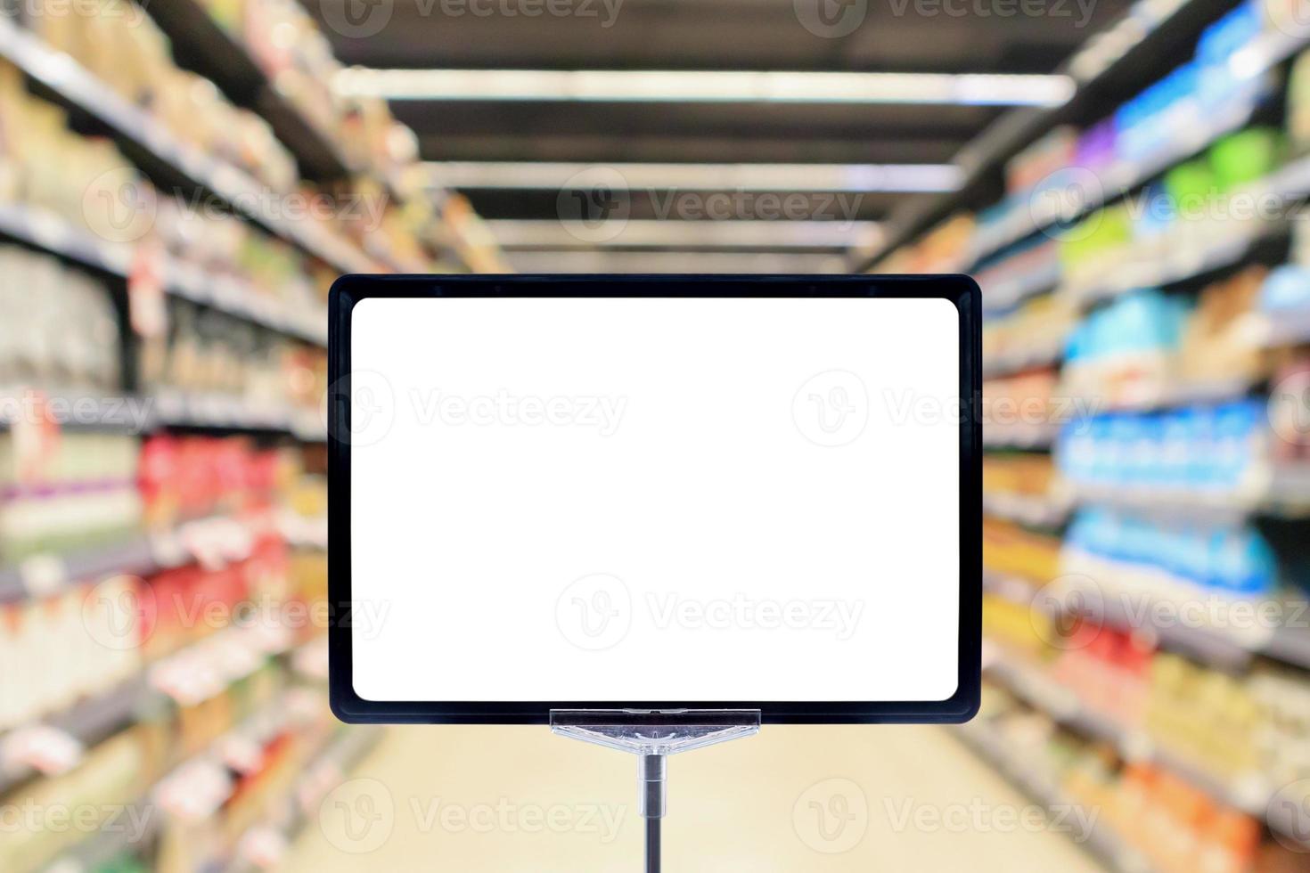 Mock up blank price board poster sign display with supermarket aisle abstract background photo