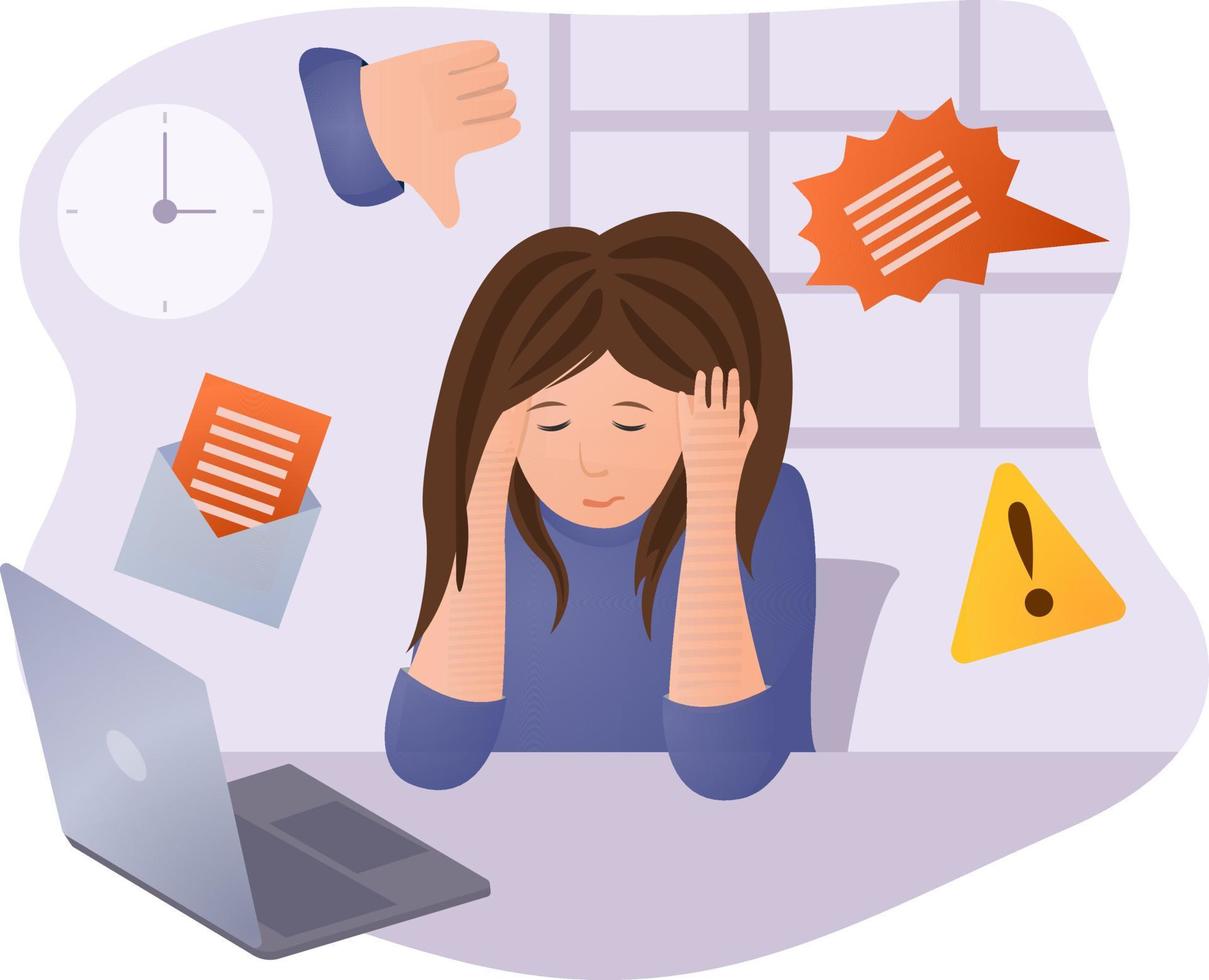 Mental health issue, burnout and stress concept. Tired woman at work desk with computer. Exhausted, frustrated, stressing worker, burnout. Employee working overtime at Deadline. Vector illustration.