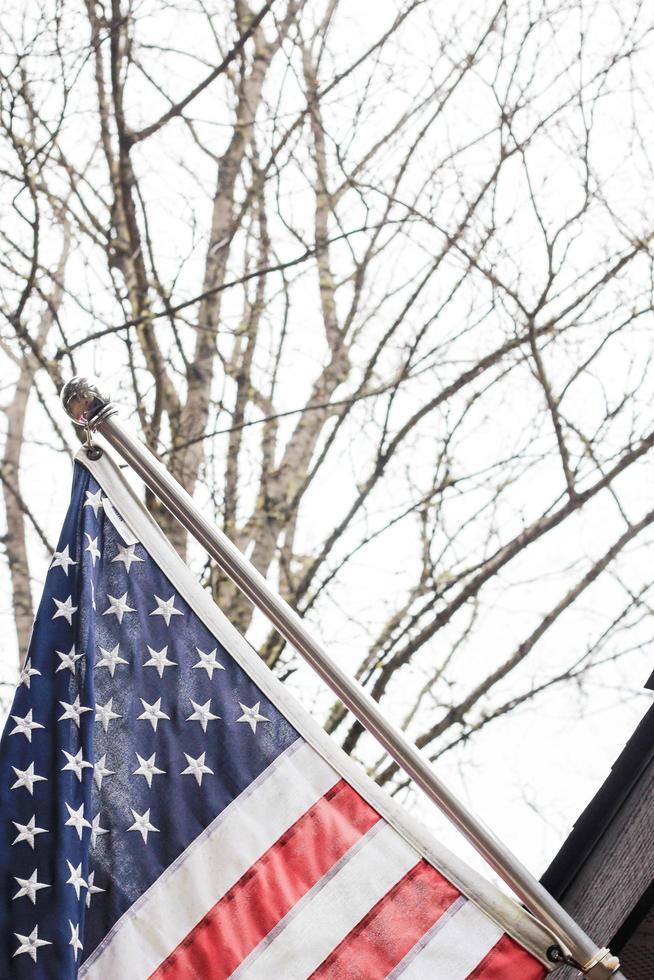 The American flag in front of the house against the backdrop of a leafless tree in winter. photo