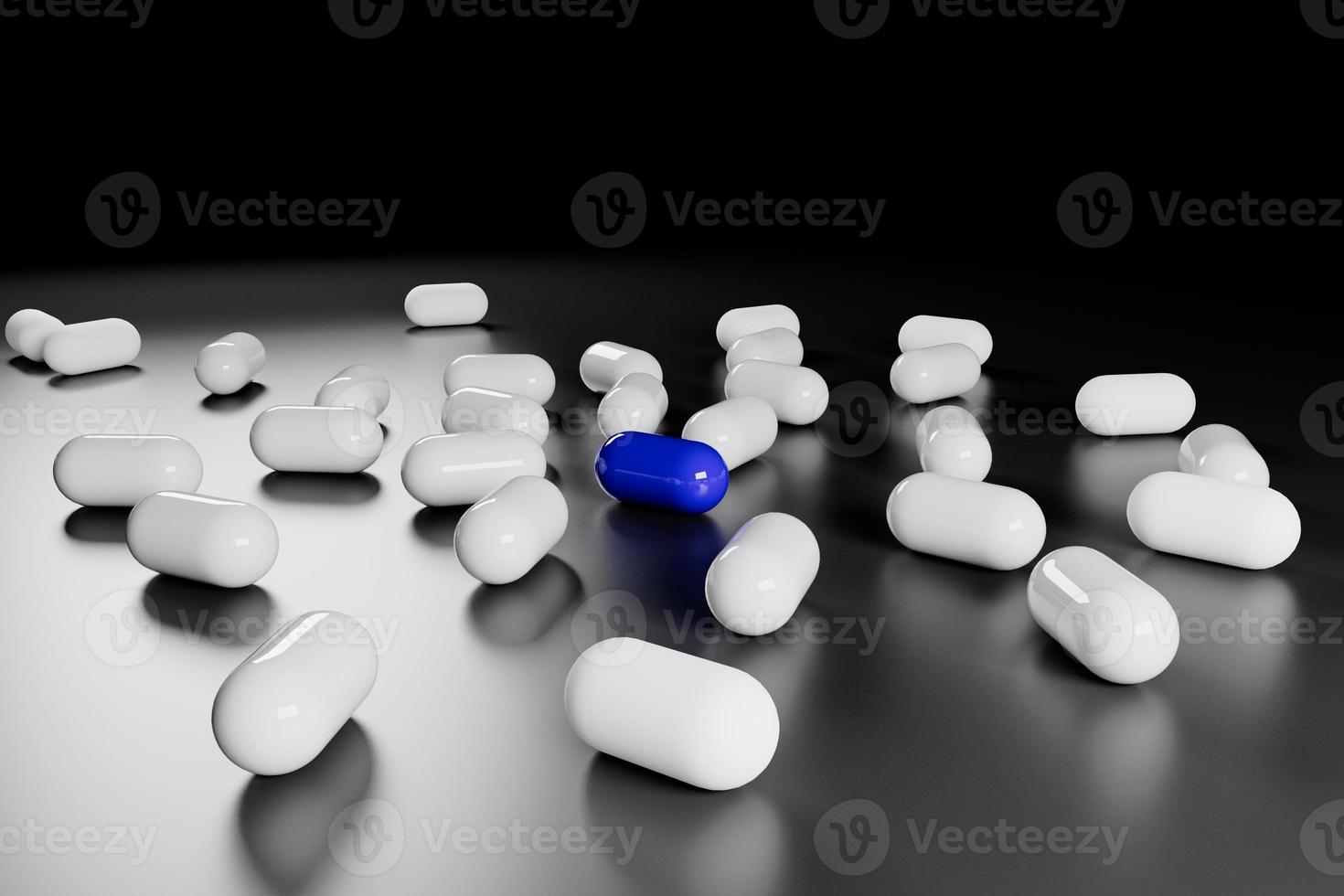 Blue pill between white pills on black background 3d render. photo