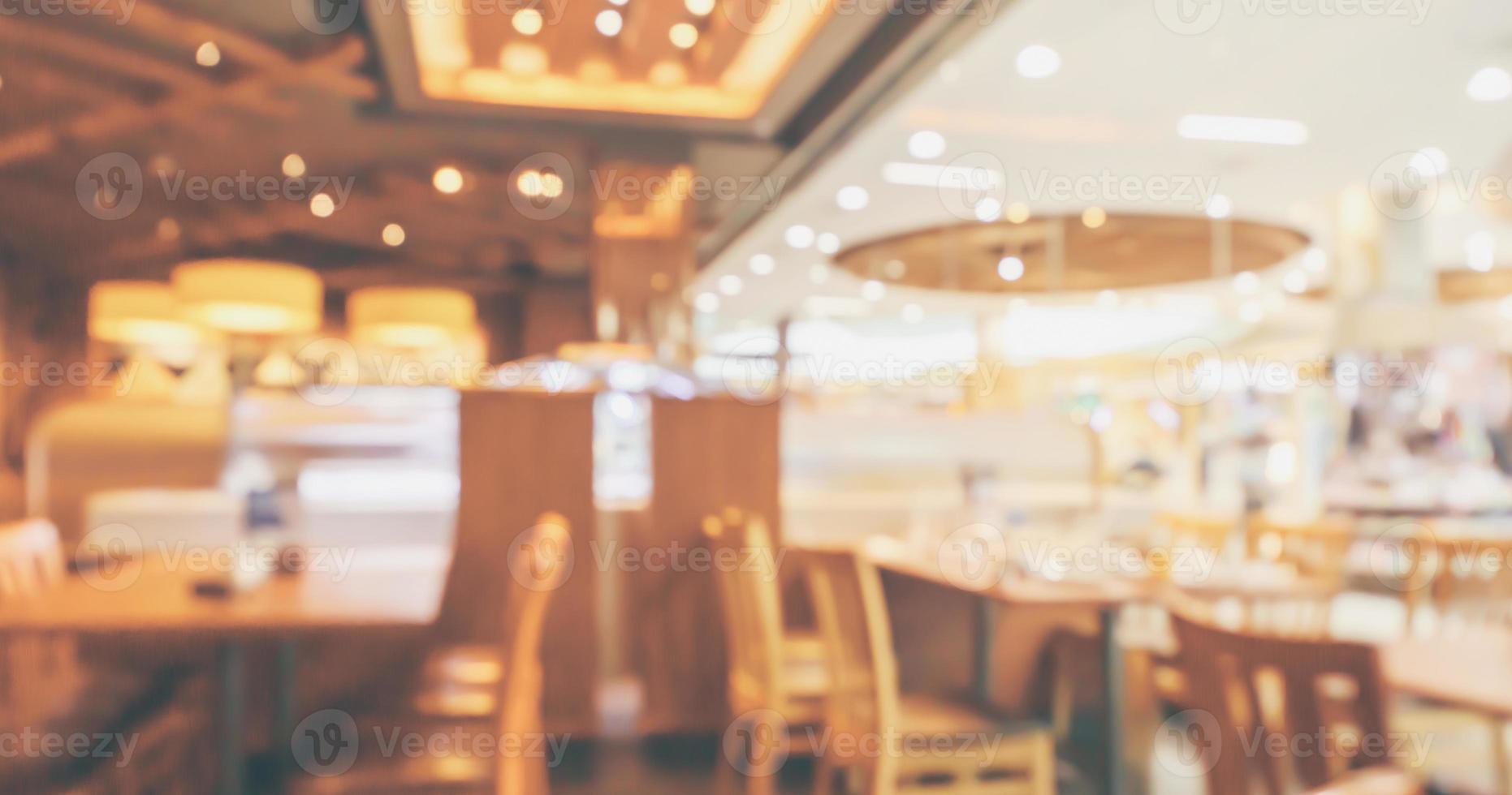 Restaurant interior with customer and wood table blur abstract background with bokeh light photo