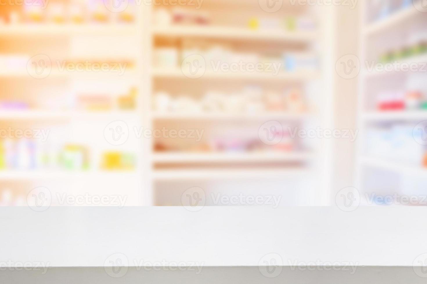 pharmacy shelves filled with medication blur background photo