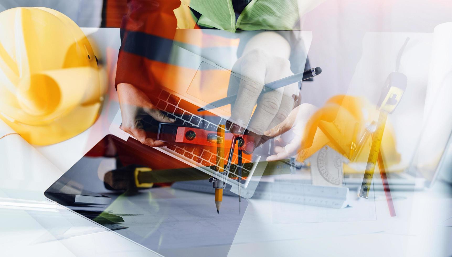 Scene of industrial engineers discussion, Construction architect with huge industry as a background, Concept of engineer project planning, professional teamwork. Selective focused. photo