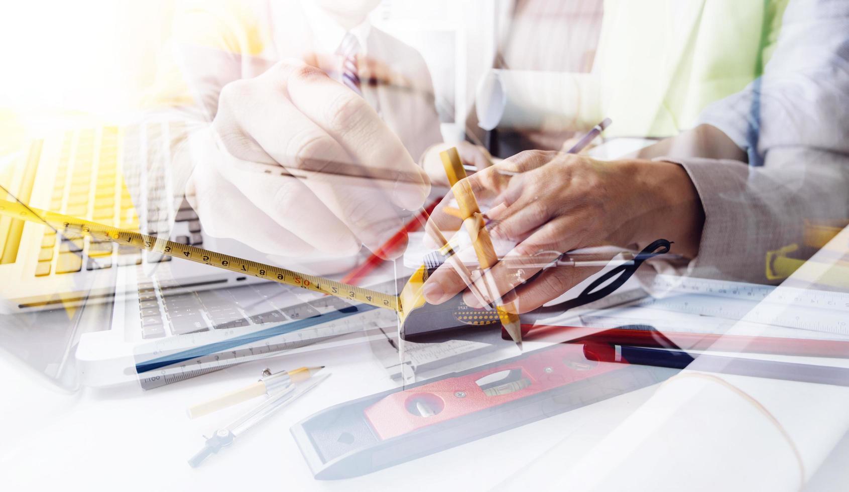 Scene of industrial engineers discussion, Construction architect with huge industry as a background, Concept of engineer project planning, professional teamwork. Selective focused. photo