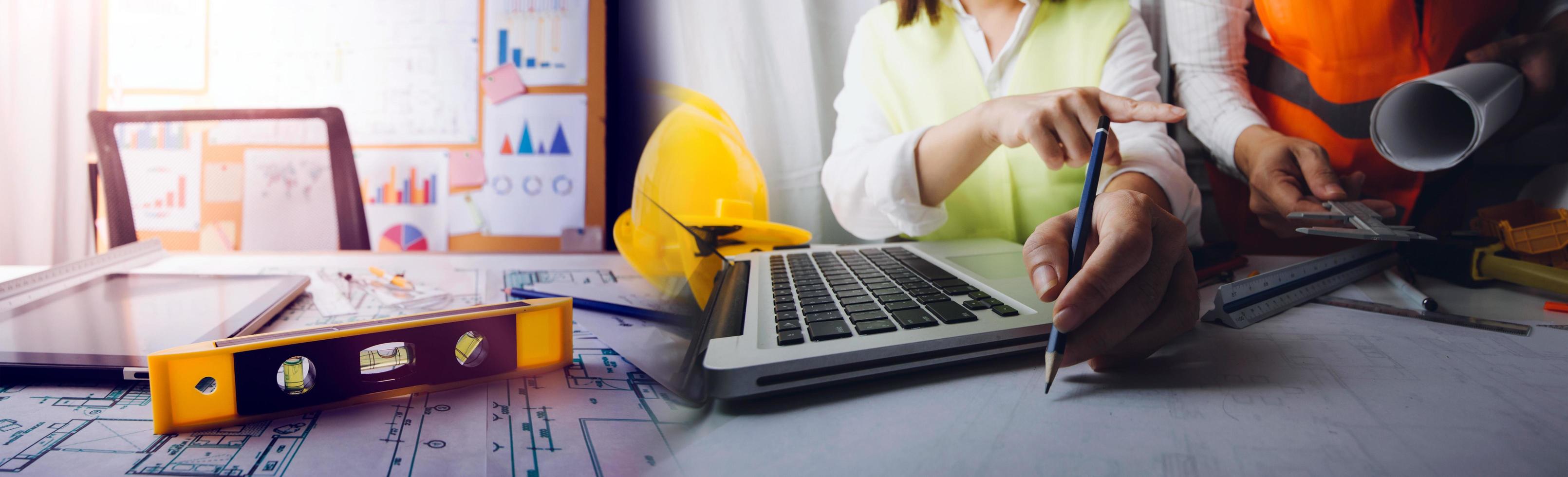 Scene of industrial engineers discussion, Construction architect with huge industry as a background, Concept of engineer project planning, professional teamwork. Selective focused. photo