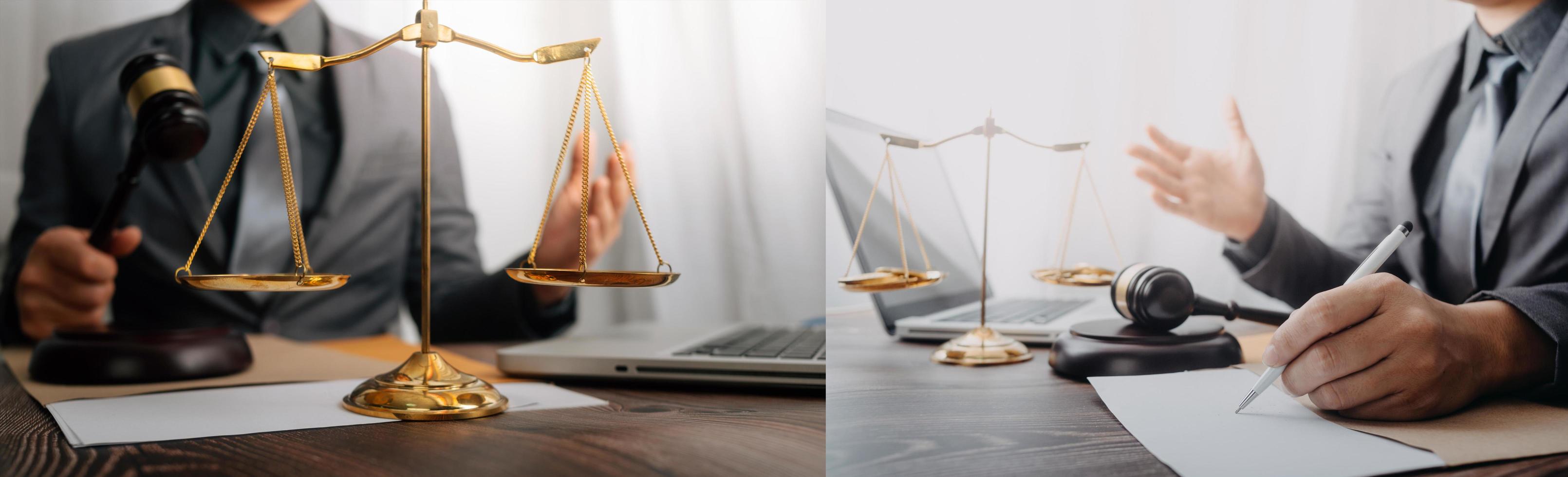 justice and law concept.Male judge in a courtroom on wooden table and Counselor or Male lawyer working in office. Legal law, advice and justice concept. photo