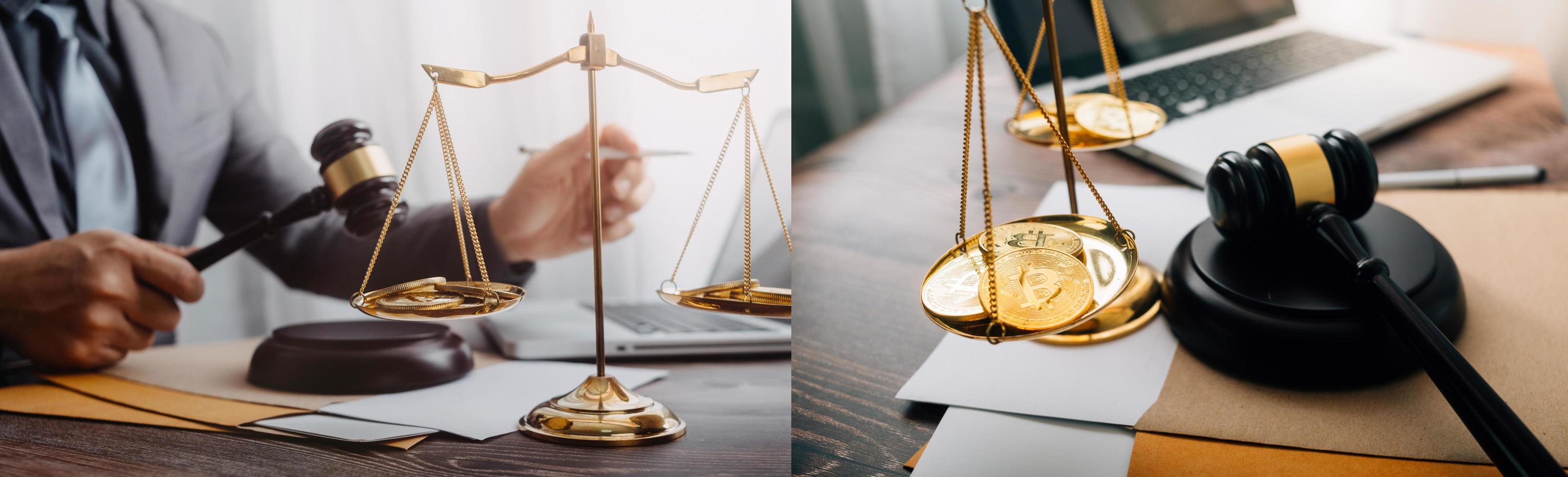 justice and law concept.Male judge in a courtroom on wooden table and Counselor or Male lawyer working in office. Legal law, advice and justice concept. photo