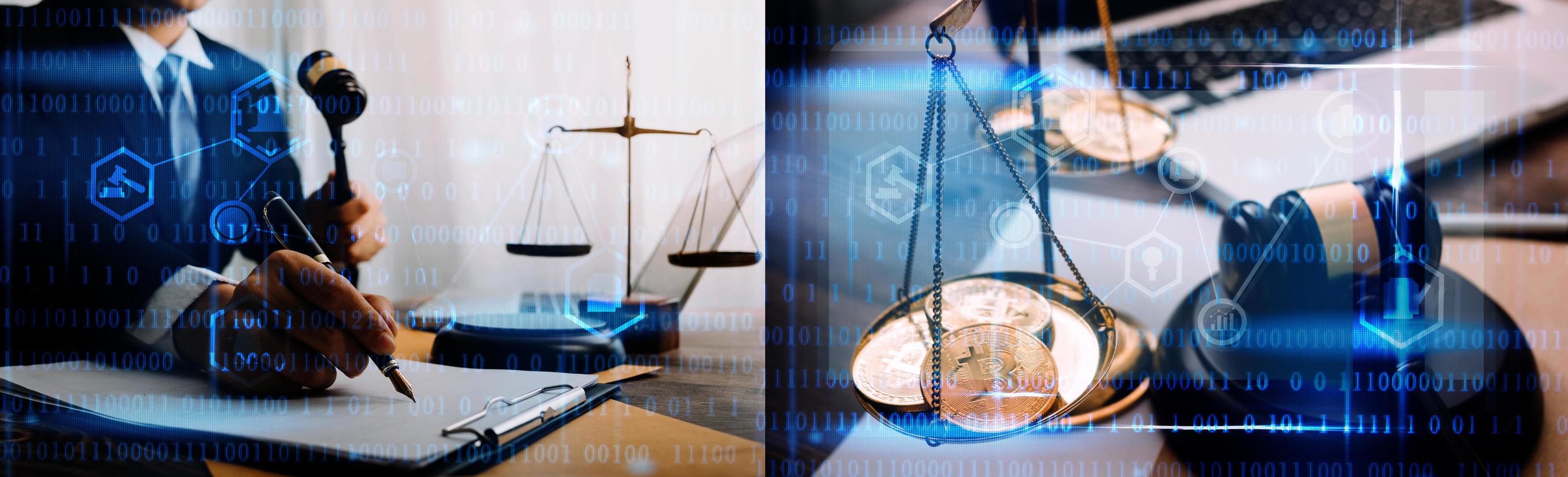 Justice and law concept.Male judge in a courtroom with the gavel, working with, computer and docking keyboard, eyeglasses, on table in morning light photo