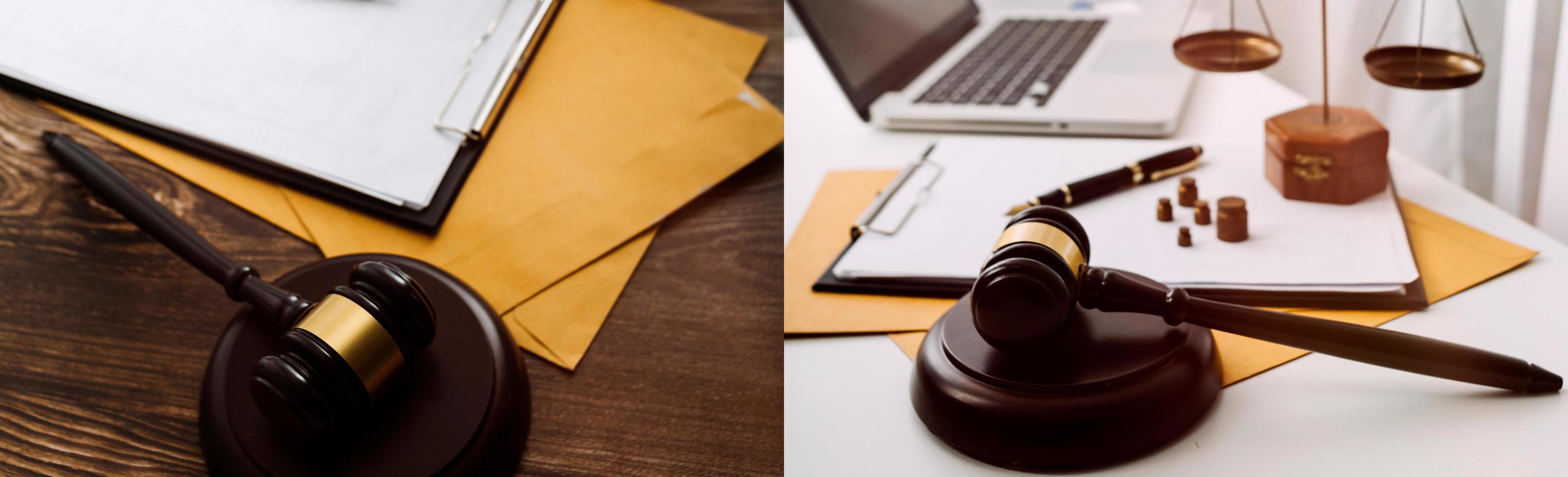 Business and lawyers discussing contract papers with brass scale on desk in office. Law, legal services, advice, justice and law concept picture with film grain effect photo