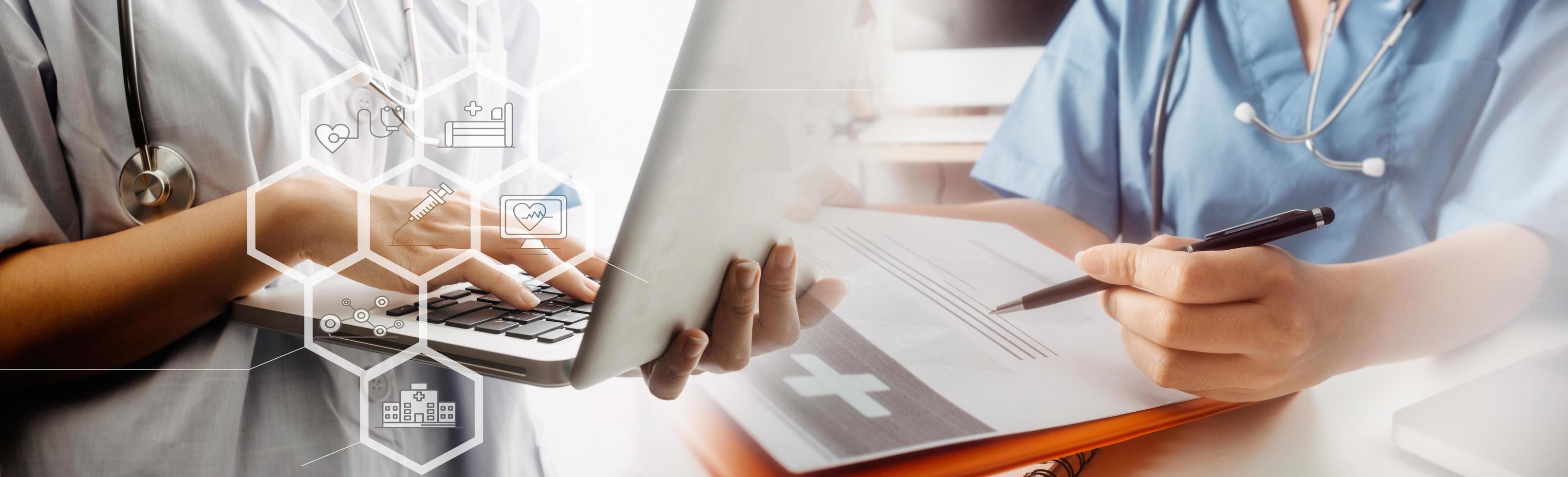 Medicine doctor hand working on a patients x-ray scans digital healthcare and connection with modern virtual screen interface icons, Medical technology and network concept. photo