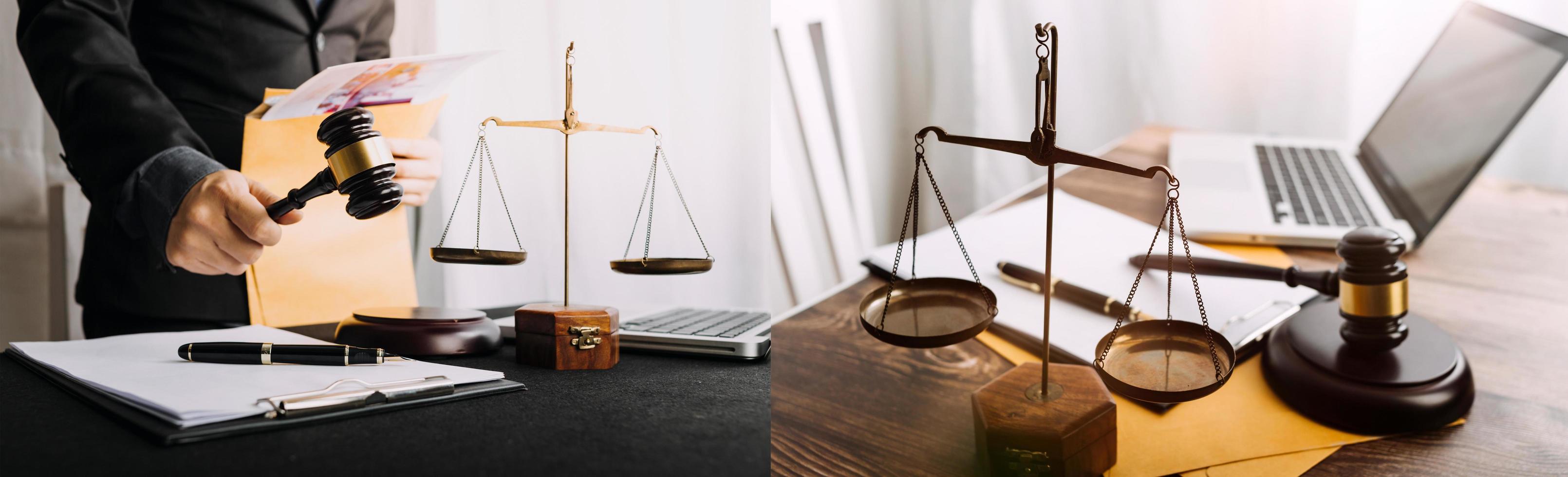 Business and lawyers discussing contract papers with brass scale on desk in office. Law, legal services, advice, justice and law concept picture with film grain effect photo