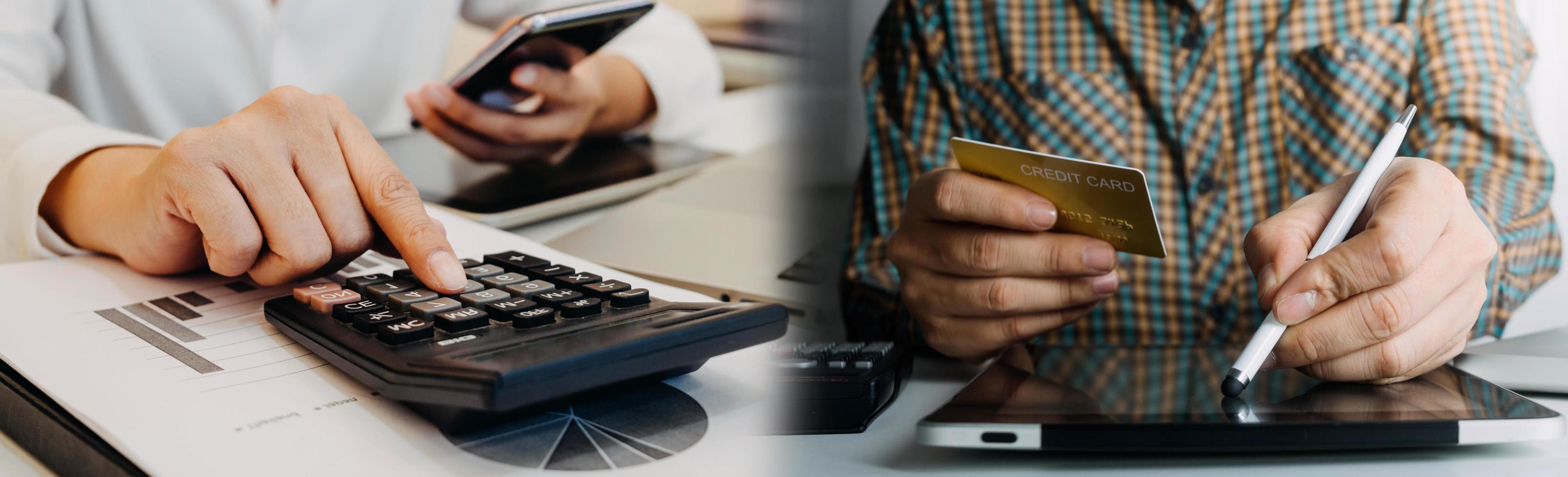 Business accounting concept, Business man using calculator with computer laptop, budget and loan paper in office. photo