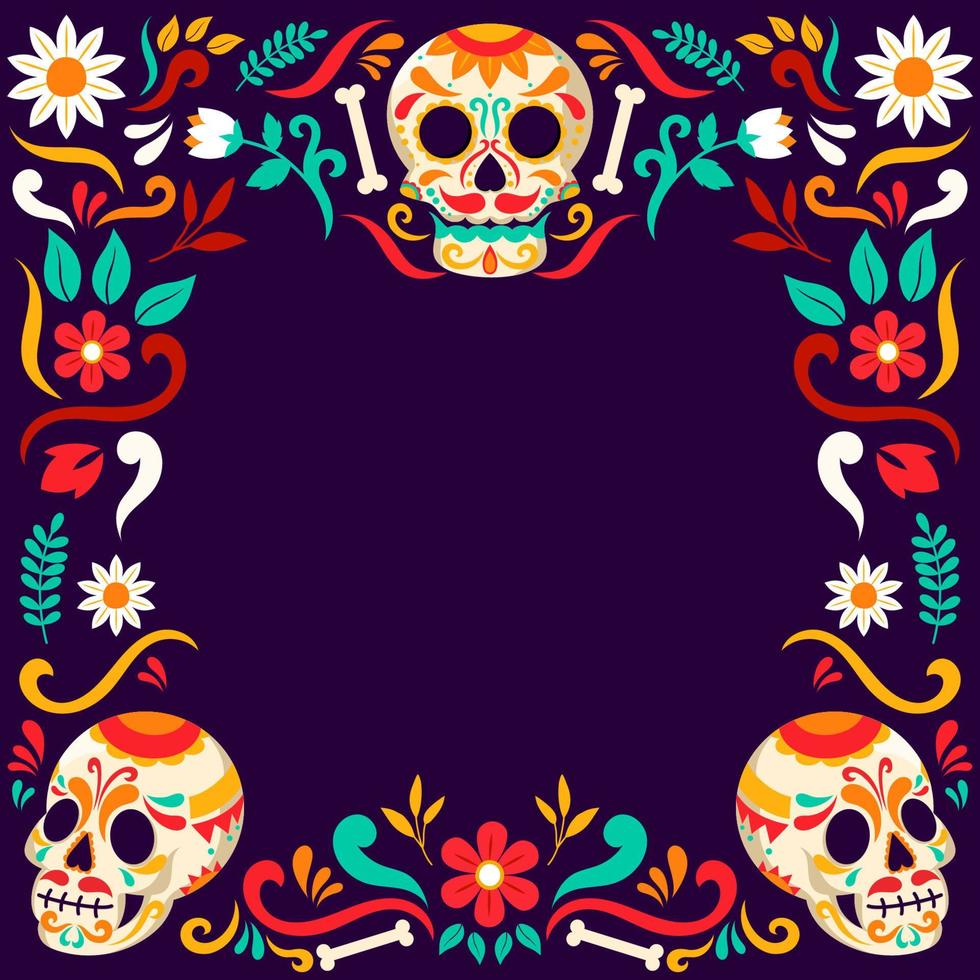 Dia De Los Muertos Background with Calavera Sugar Skull and Floral Ornament vector