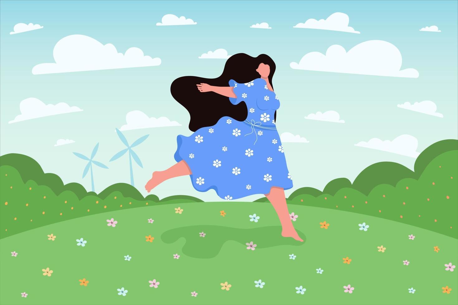 The girl runs across the field, nature, ecology vector