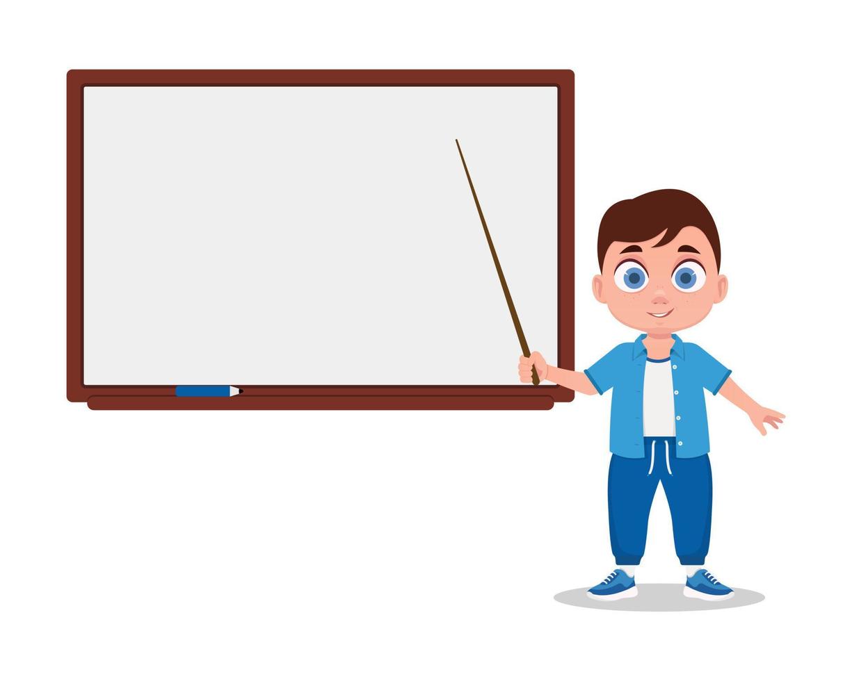 Cute boy with a pointer, at the white board vector