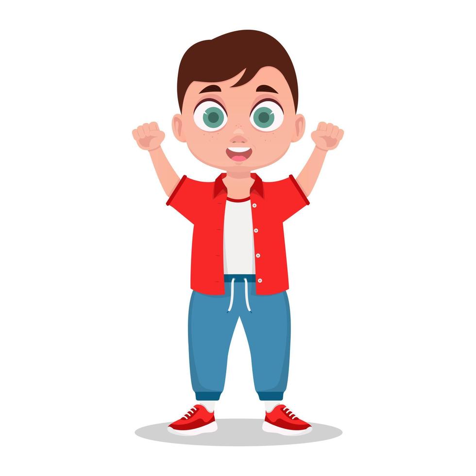 Cute boy rejoices, hands raised up, schoolboy, child vector