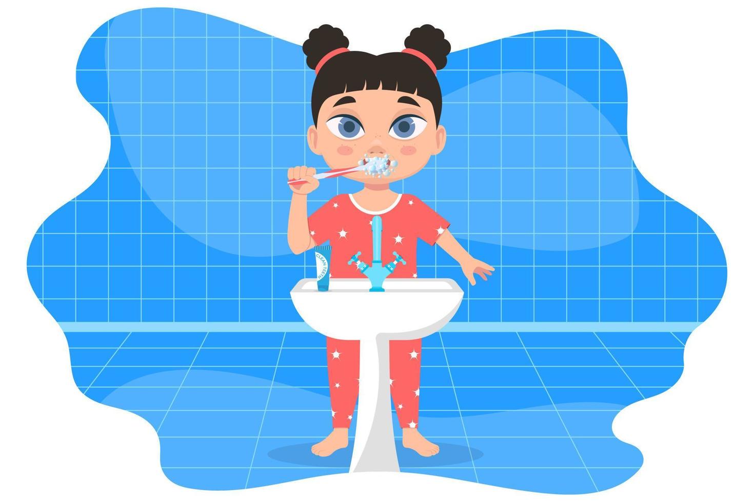 niño en pijama cepillándose los dientes, en el baño vector