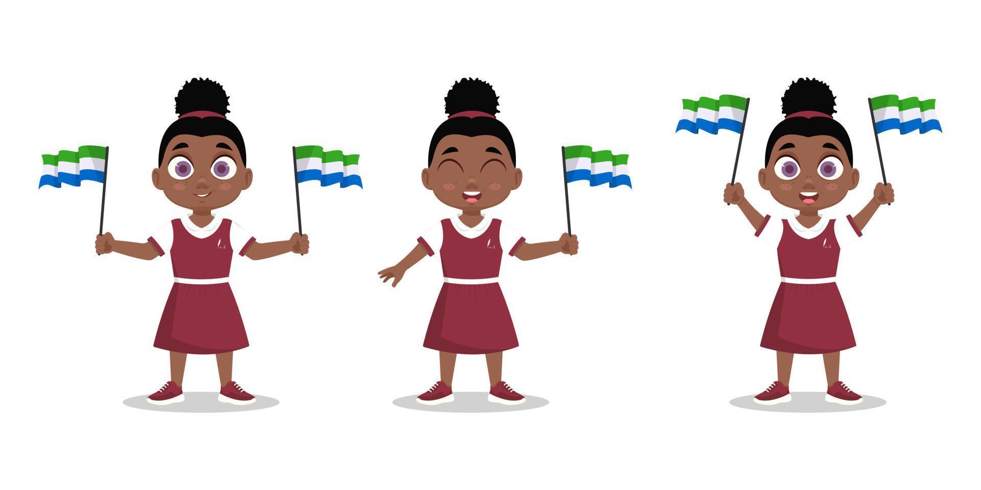 un conjunto de una linda chica con una bandera de sierra leona en la mano vector