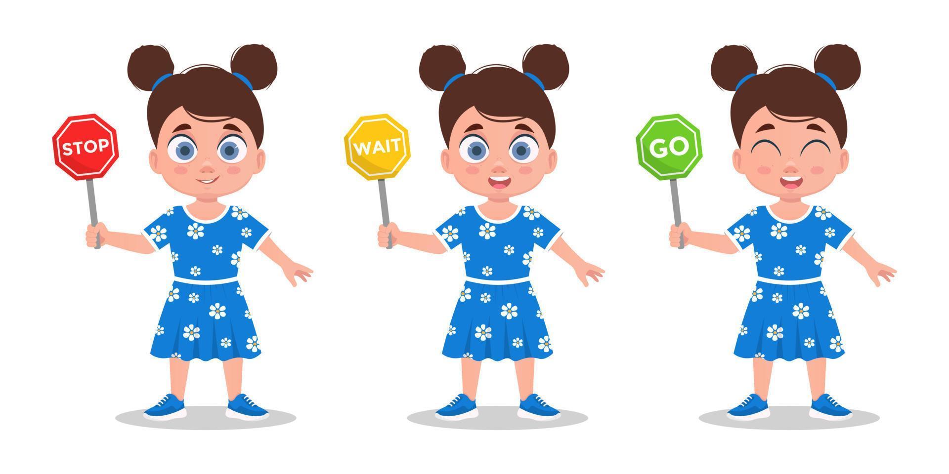 Set of girls, a cute little girl holding a road sign vector