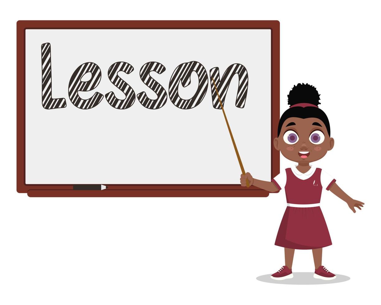 Child stands with a pointer near the blackboard vector