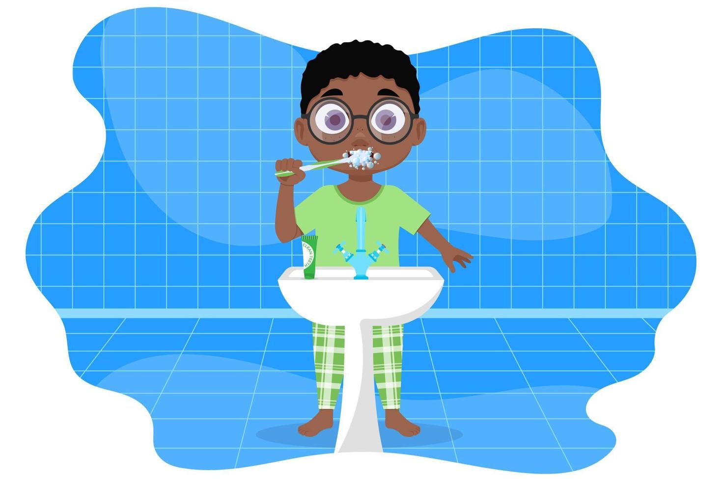 Child in red pajamas brushing his teeth, in the bathroom vector