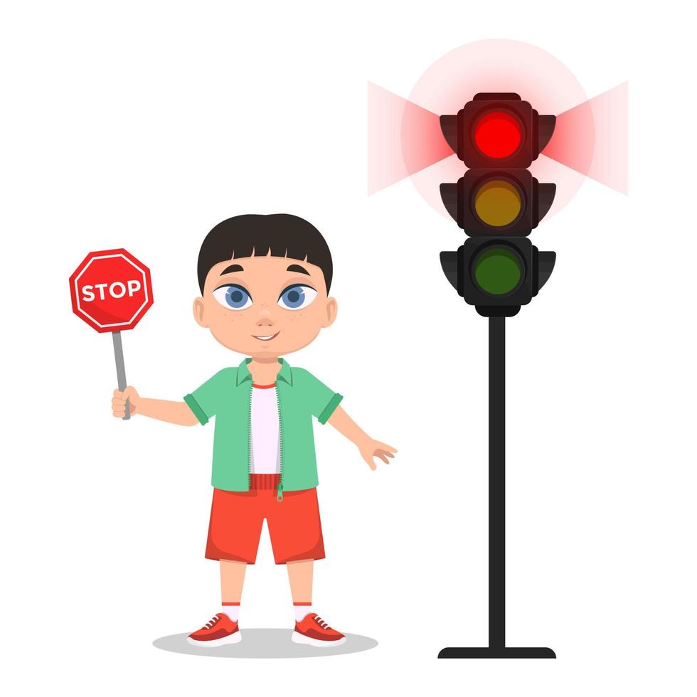 A child with a road sign. The traffic light shows a red signal vector