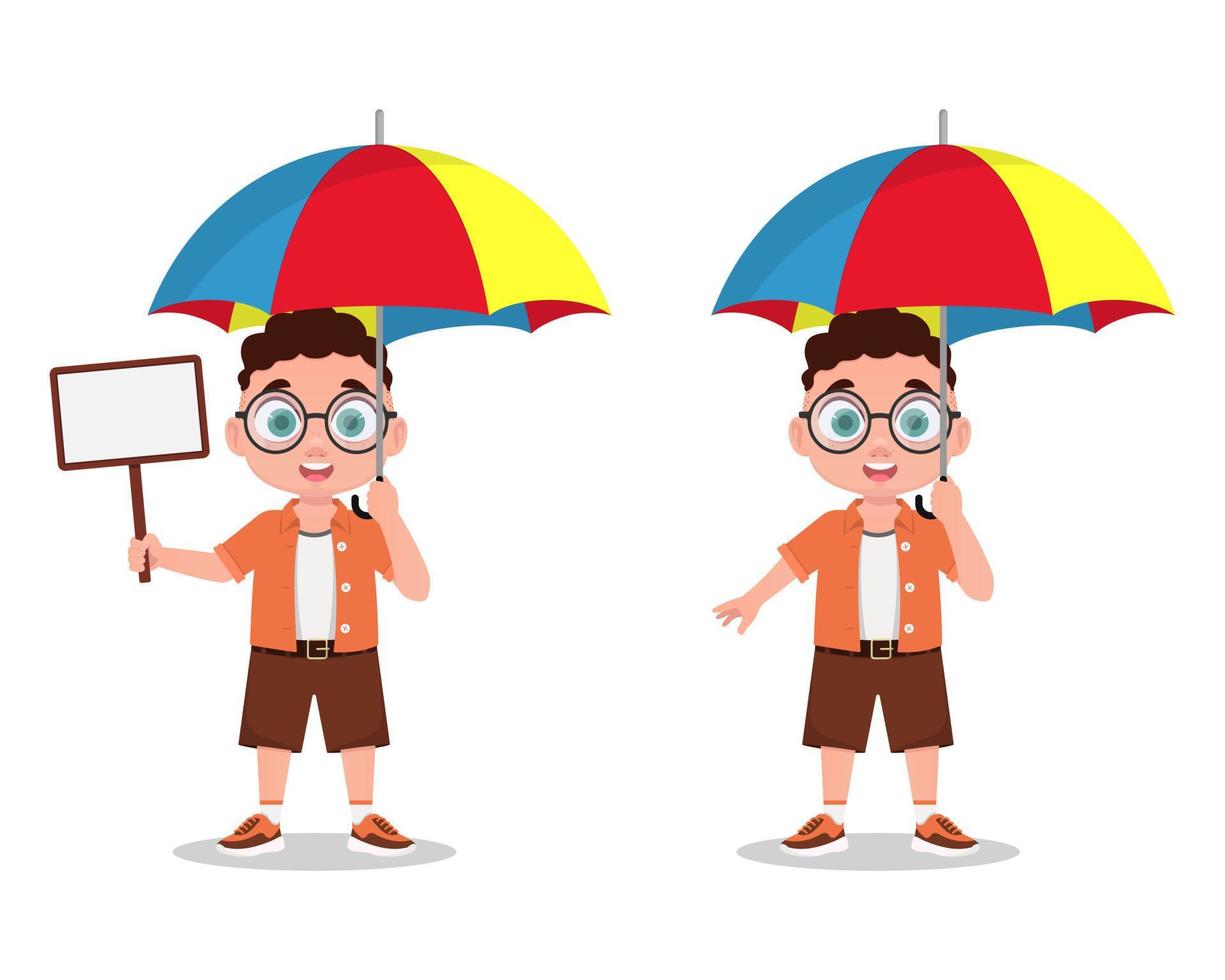 A child under an umbrella, a sign in his hand vector