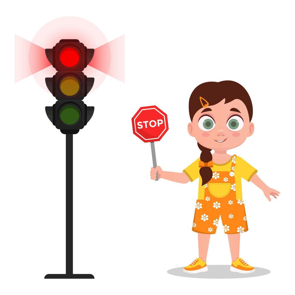 Child with stop sign. The traffic light shows a red signal vector