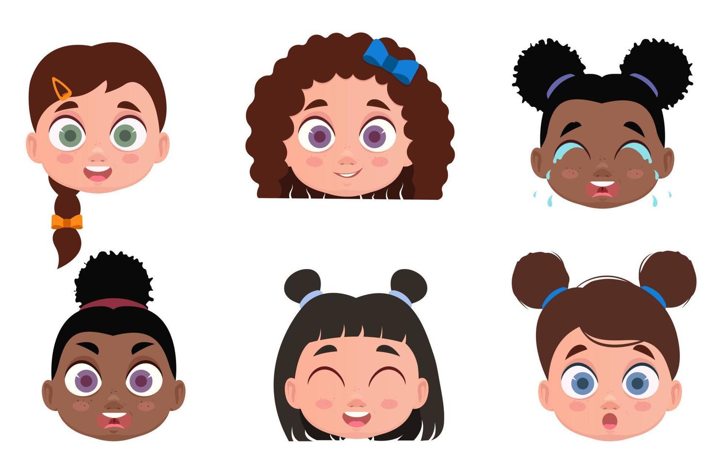 Set of faces, child emotions, shock, angry, cheerful, smiling, crying vector