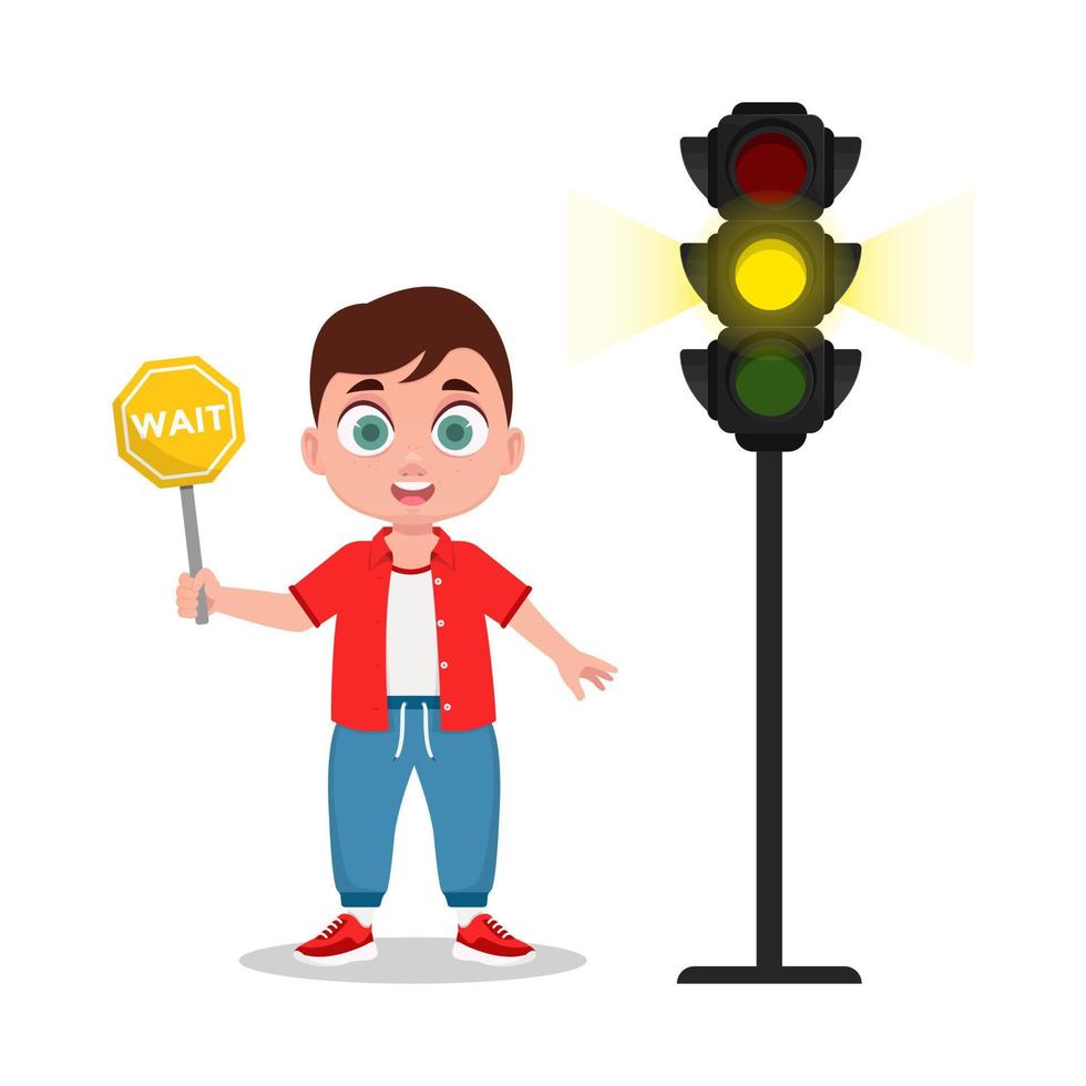 Schoolboy with a waiting sign. The traffic light shows a yellow signal vector