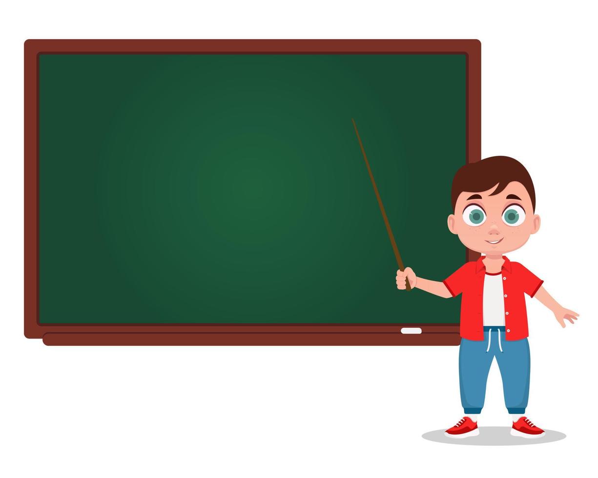 The boy answers at the blackboard, the schoolboy vector