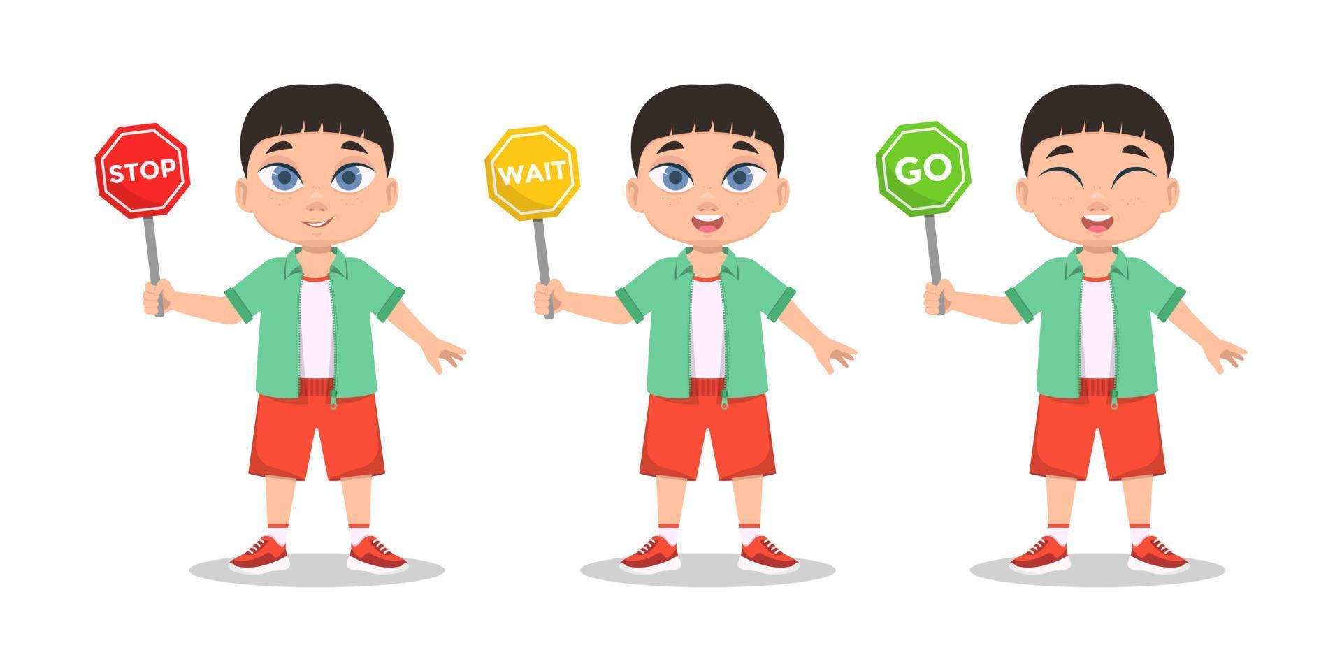 Boys set, schoolboy with road sign vector