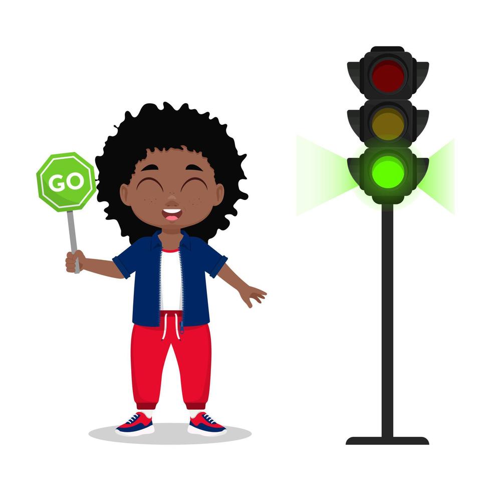 The child is holding a sign go. The traffic light shows a green signal vector
