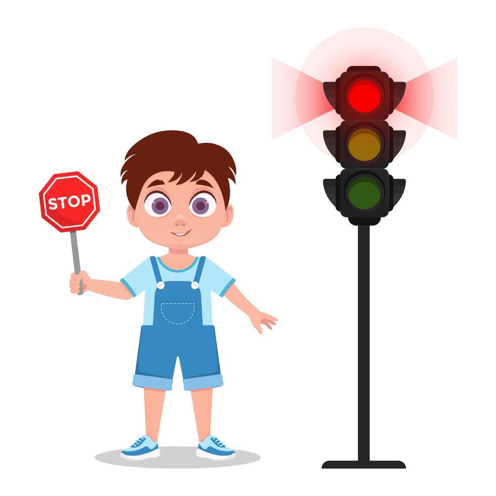 Boy with stop sign. The traffic light shows red, signal vector