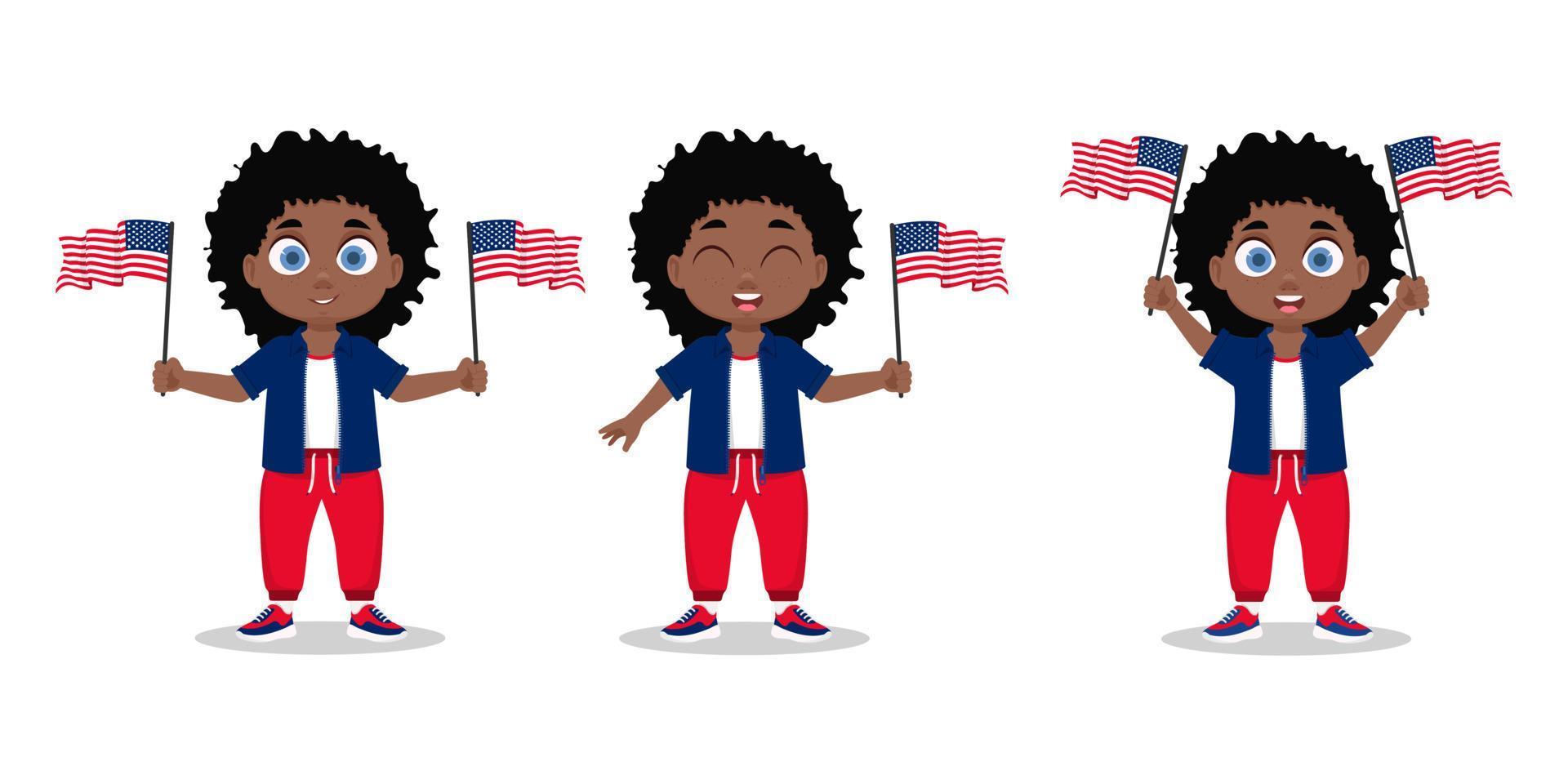 A boy with the USA flag in his hand. Child with a flag vector
