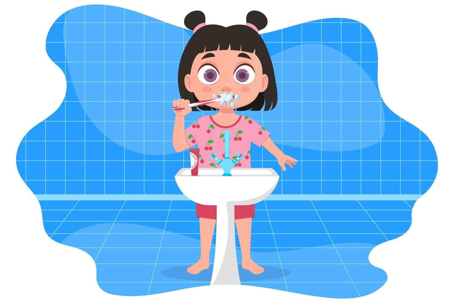 chica en pijama cepillándose los dientes, en el baño vector