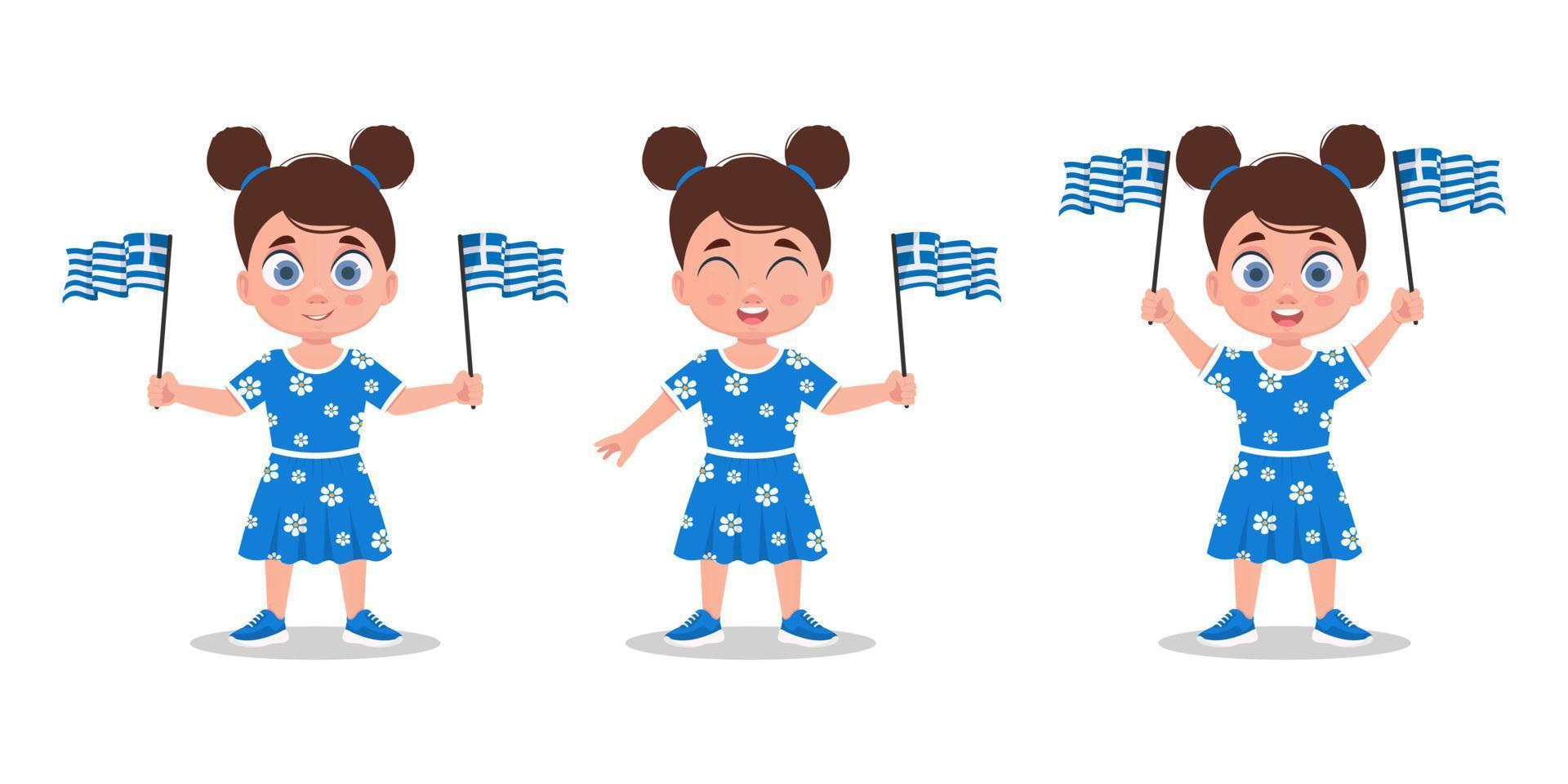 Set of cute baby with the flag of Greece in his hand. girl with a flag vector