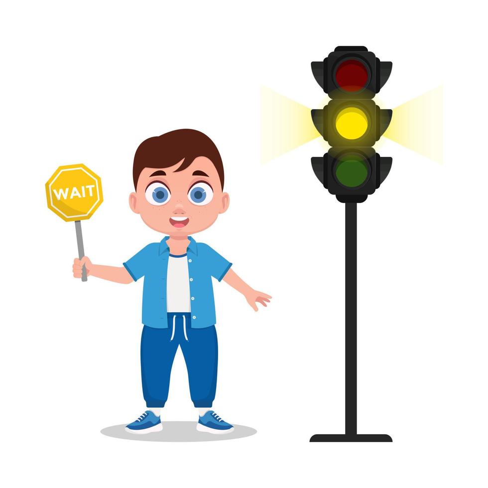 Schoolboy with a waiting sign. The traffic light shows a yellow signal vector