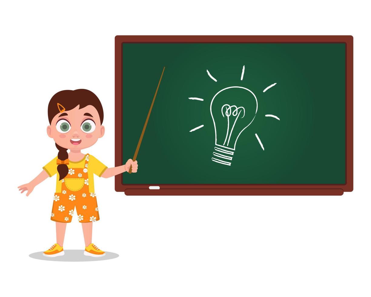 Child stands with a pointer near the blackboard vector