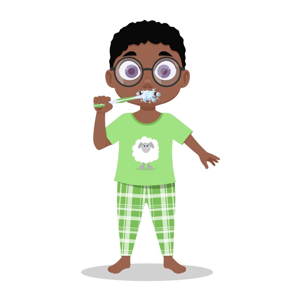 A child in pajamas brushes his teeth vector