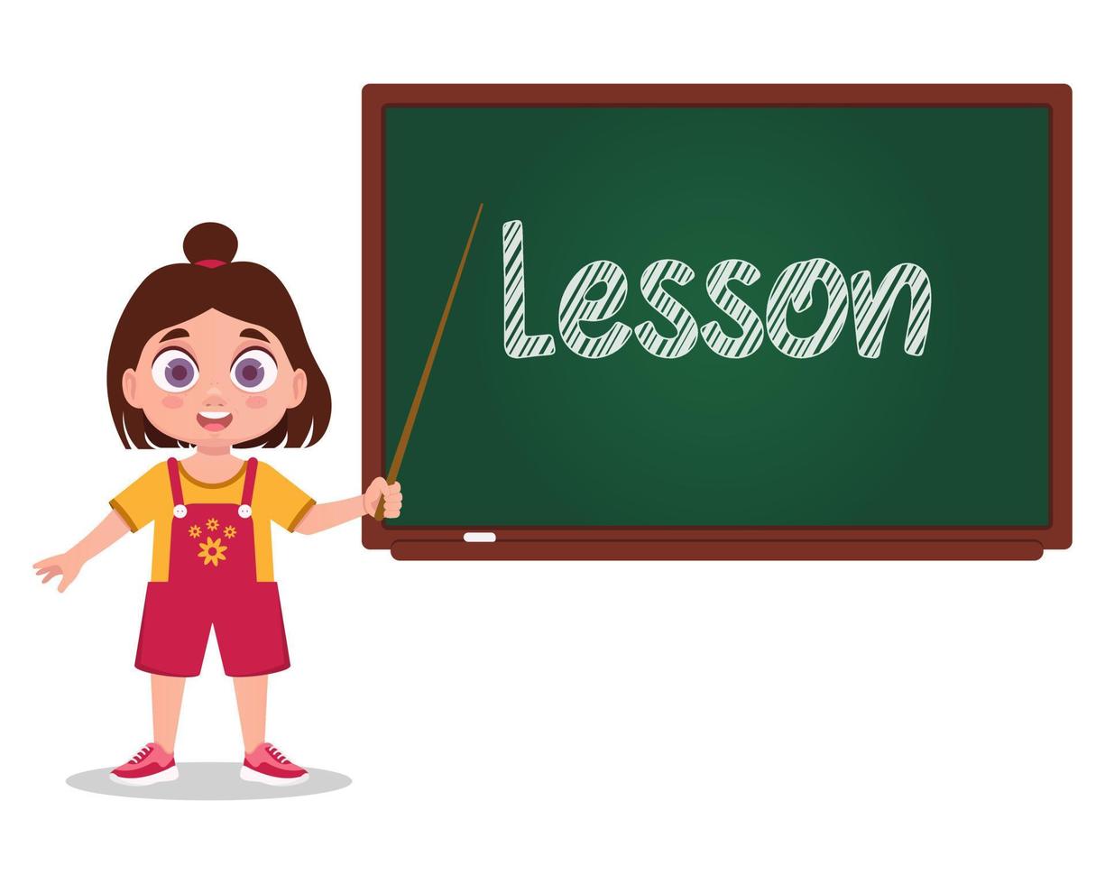 Child stands with a pointer near the blackboard vector