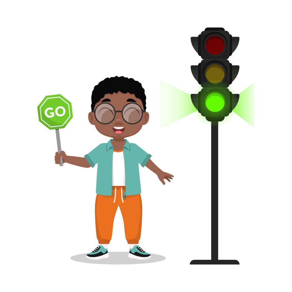 The child is holding a sign go. The traffic light shows a green signal vector