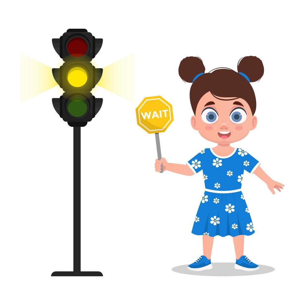 Girl with a waiting sign. The traffic light shows a yellow signal vector