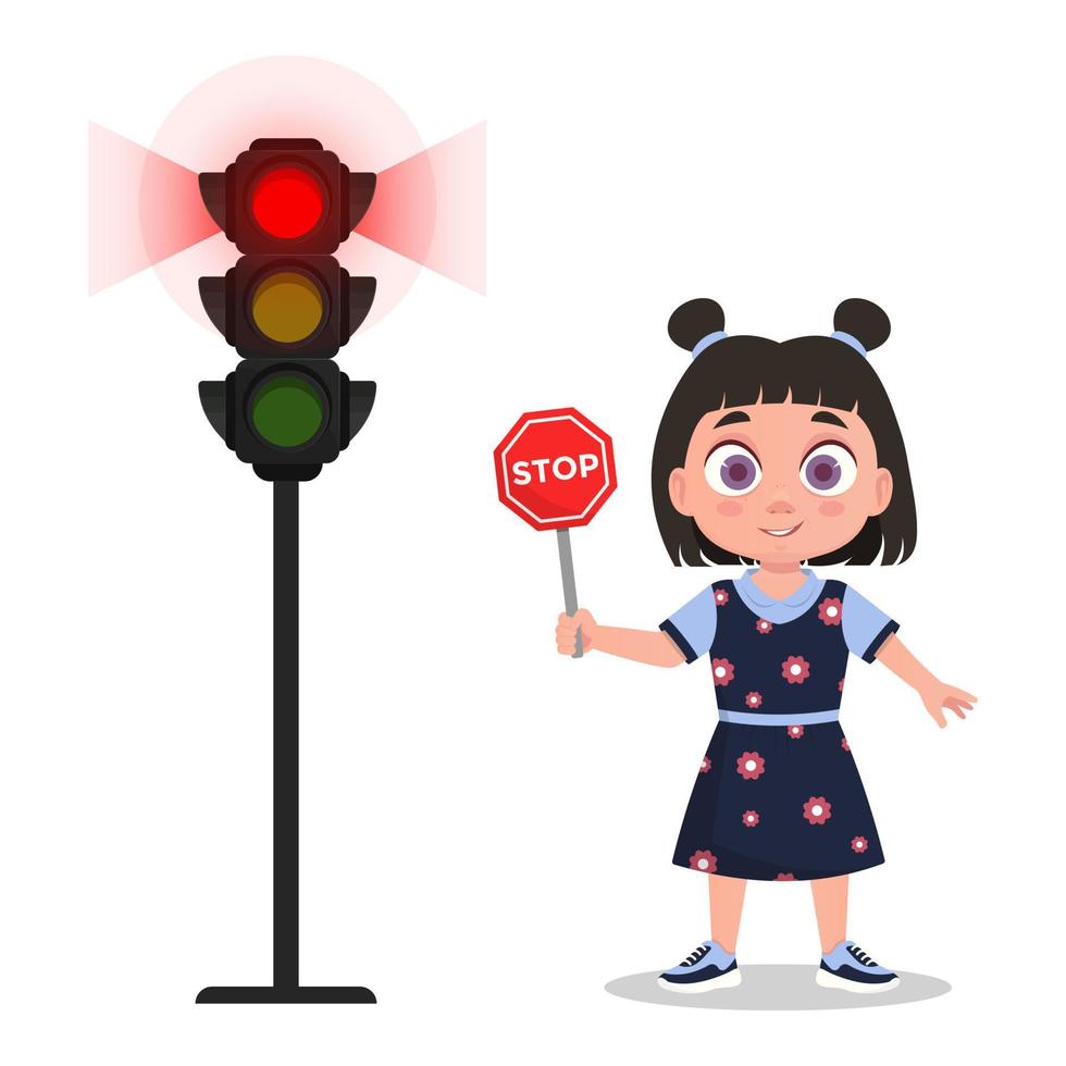 Child with stop sign. The traffic light shows a red signal vector