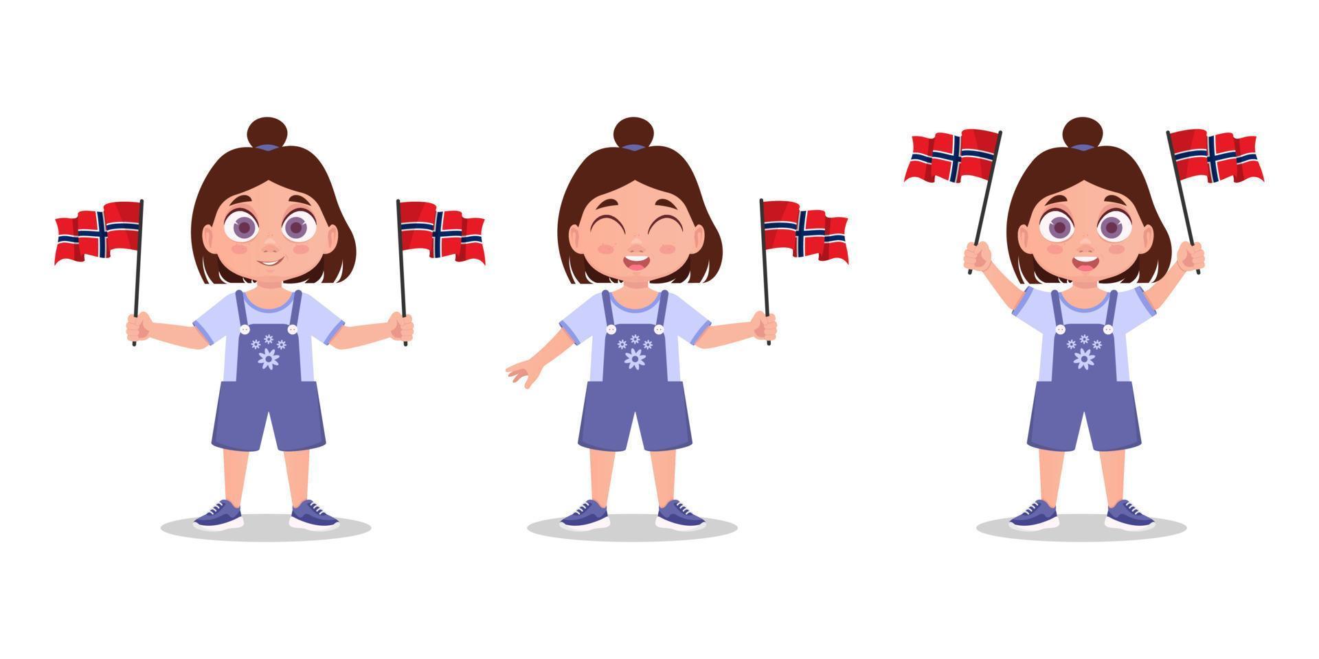 Set of cute baby with Norges flag in hand. Girl with a flag vector