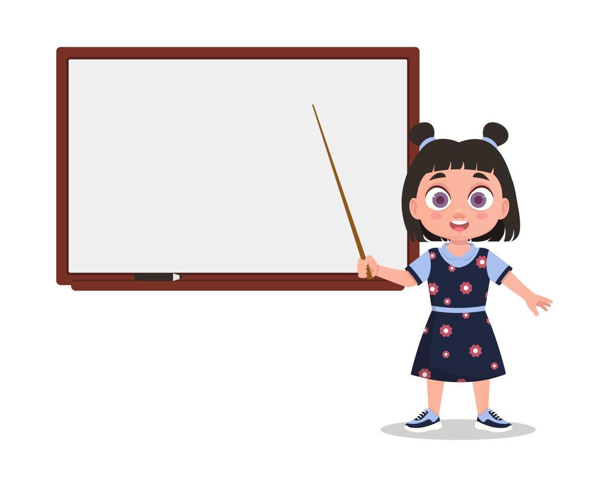 Child stands with a pointer near the blackboard. Vector illustration