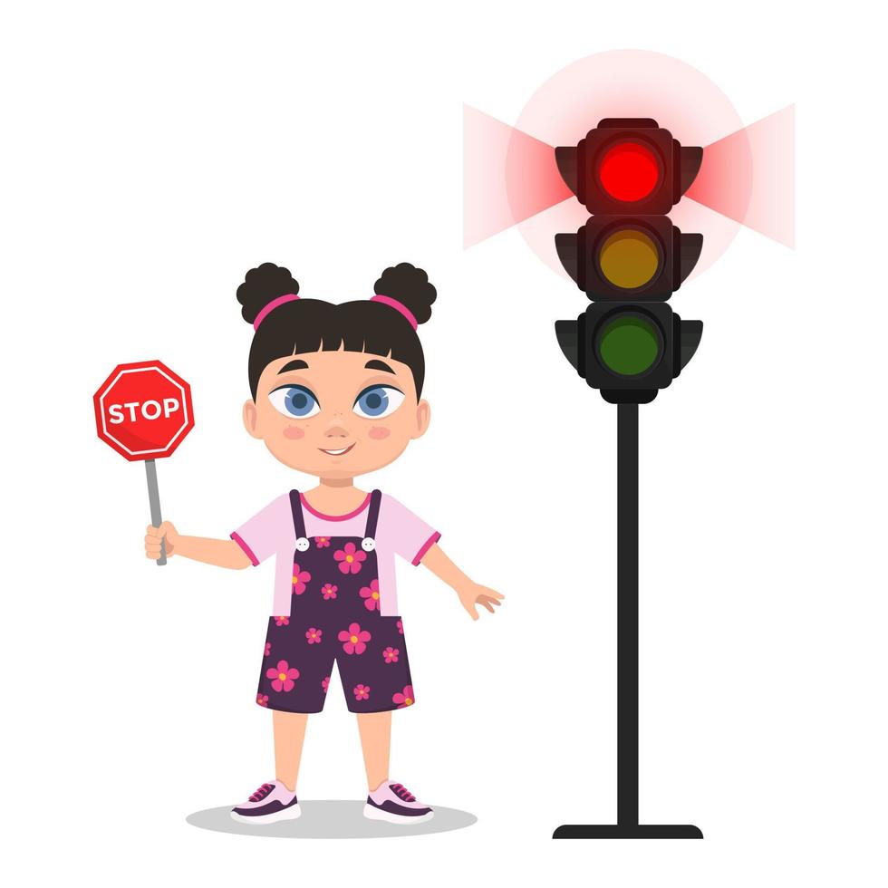 Child with stop sign. The traffic light shows a red signal vector