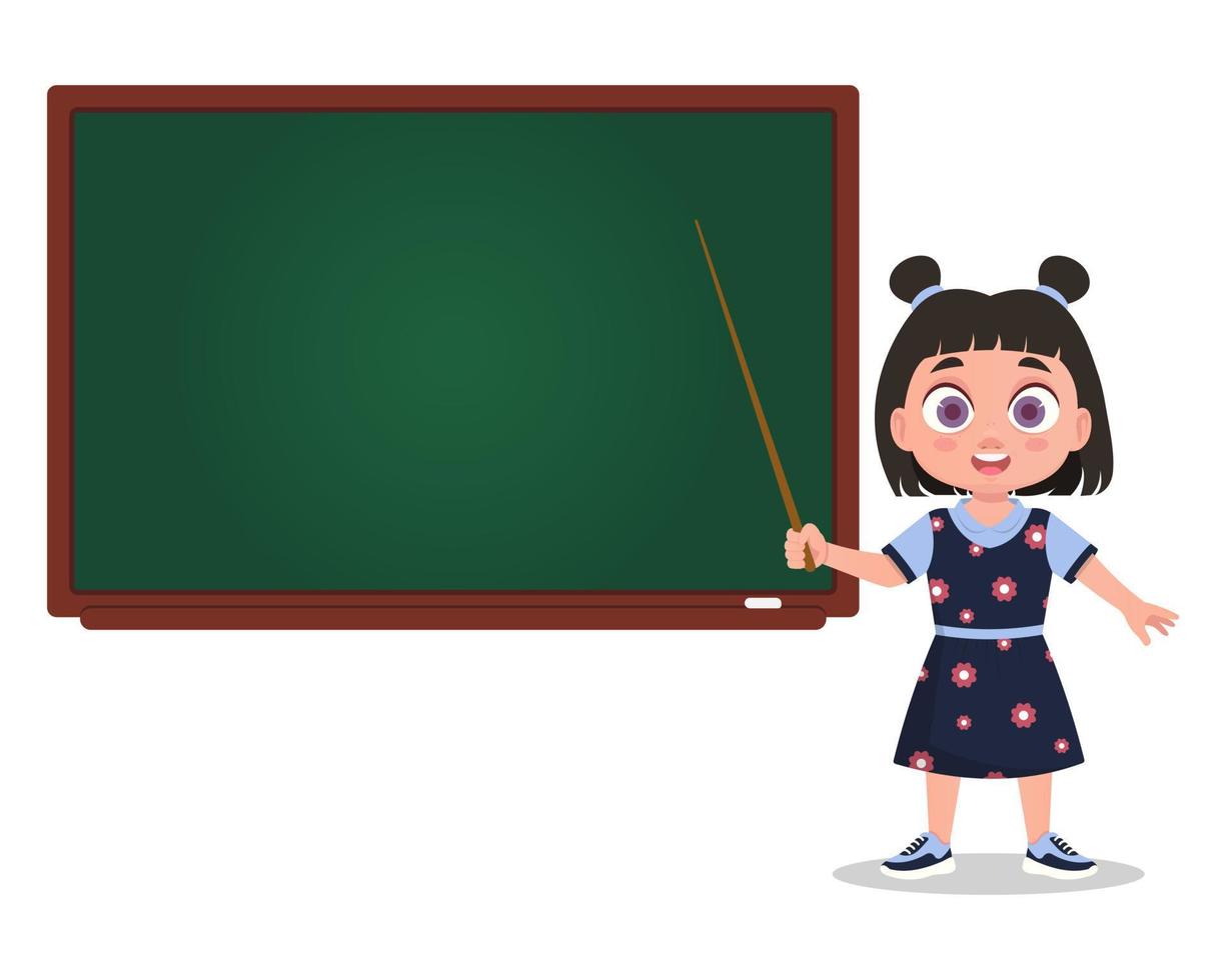 Child stands with a pointer near the blackboard vector