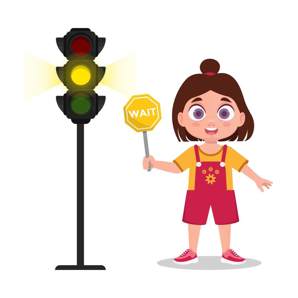 Girl with a waiting sign. The traffic light shows a yellow signal vector